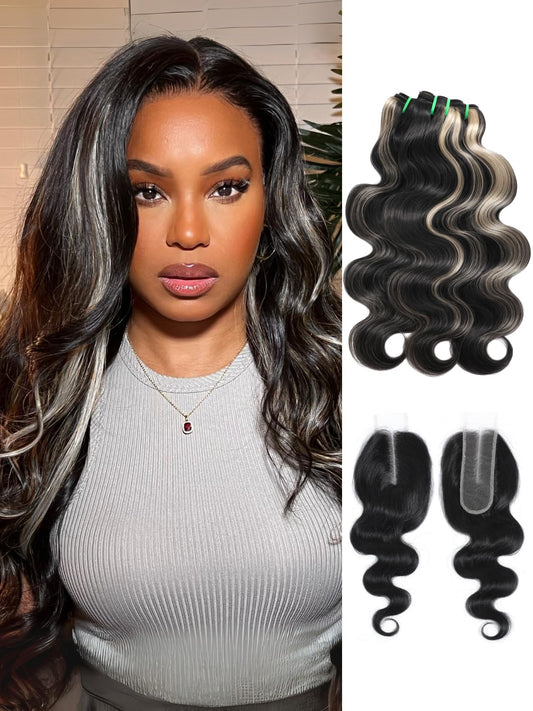 #F1B/613 Blonde Highlighted 3 Bundles with 4x4/2x6 HD Lace Closure