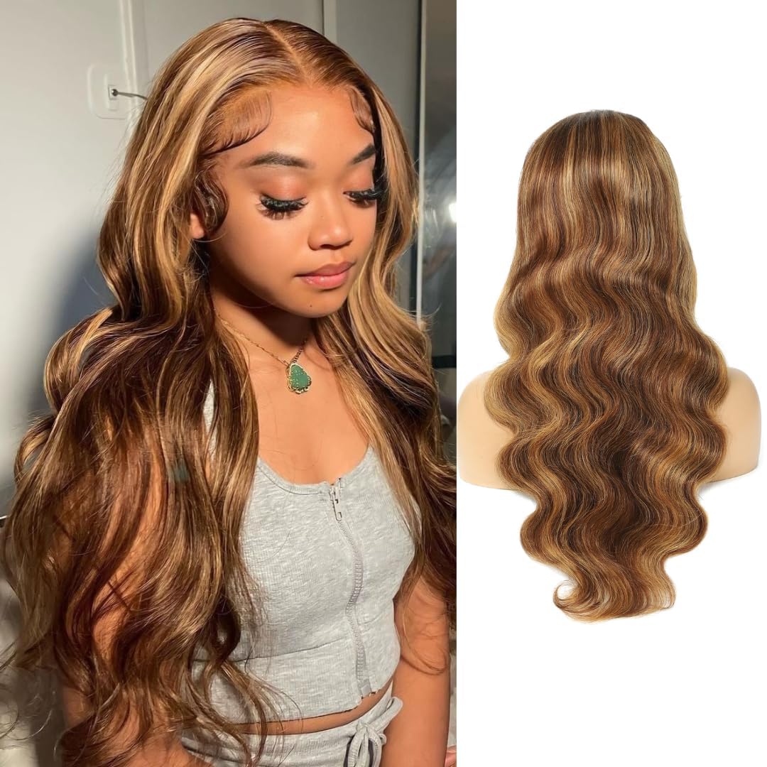 #4/27 Honey Blonde Highlight Body Wave 13X4 Lace Frontal Wigs Pre Everything Straight Human Hair