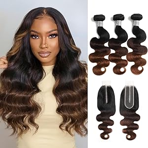 #T1B/2/30 Chestnut Brown Ombre Body Wave 3 Bundles with 4x4/2x6/5x5 Hd Lace Closure