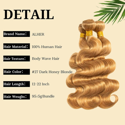 Color #27 Honey Blonde 1/3  Bundles Body Wave 100% Virgin Human Hair