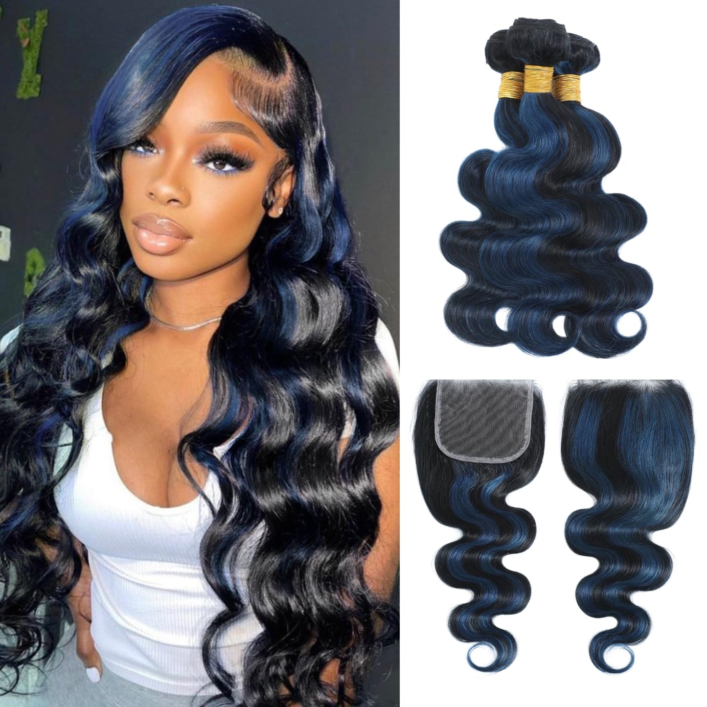 #1B/Blue Highlight Body Wave 3 Bundles with 4x4/2x6 /5x5 HD Lace Closure