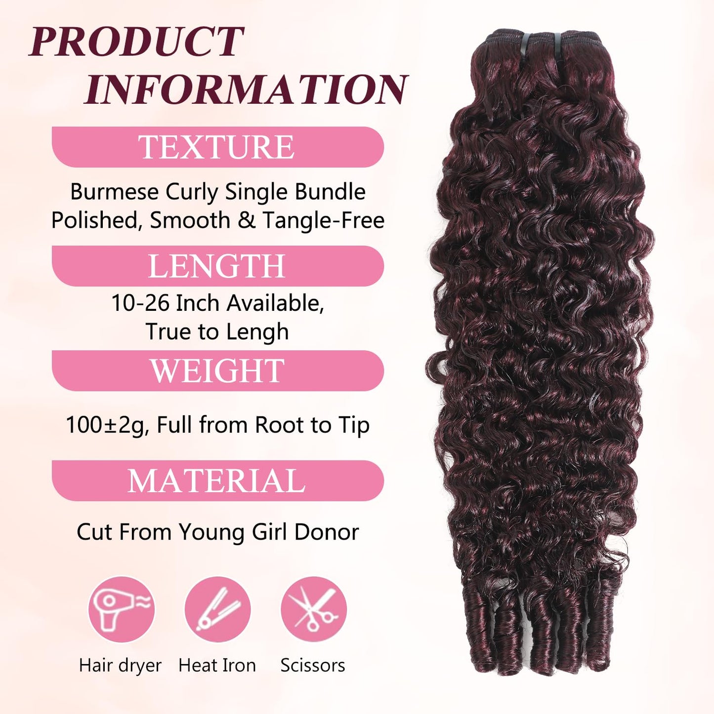 3pc Dark Burgundy Body Wave/Water Wave/Burmese Curly/Kinky Curly 1/3 Bundles Human hair
