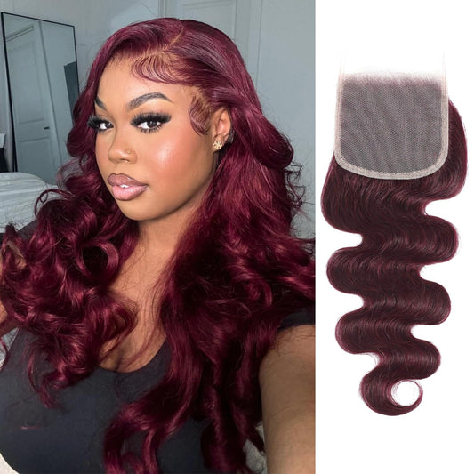 #99J Dark Burgundy Body Wave 4x4 Closure Water Wave Human Hair Burmese Curly Bundle