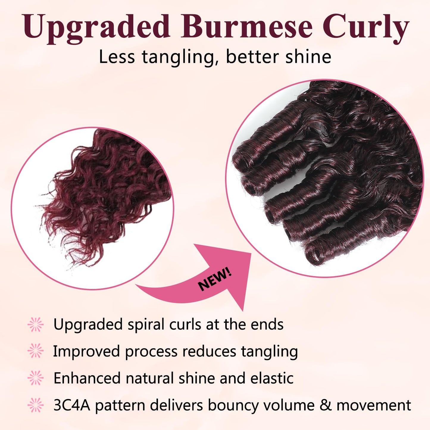 3pc Dark Burgundy Body Wave/Water Wave/Burmese Curly/Kinky Curly 1/3 Bundles Human hair