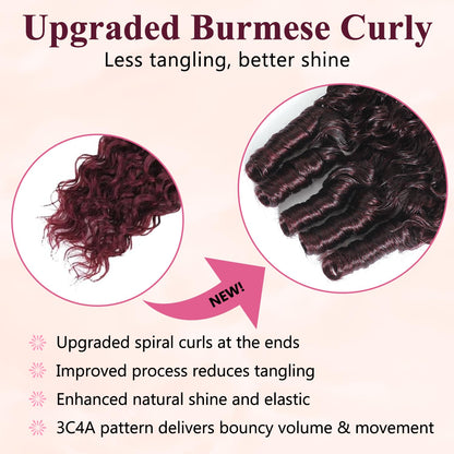 3pc Dark Burgundy Body Wave/Water Wave/Burmese Curly/Kinky Curly 1/3 Bundles Human hair