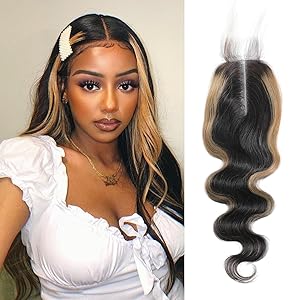 #27 Honey Blonde Highlight Body Wave Skunk Stripe Long Deep Part 2x6 HD Lace Closure