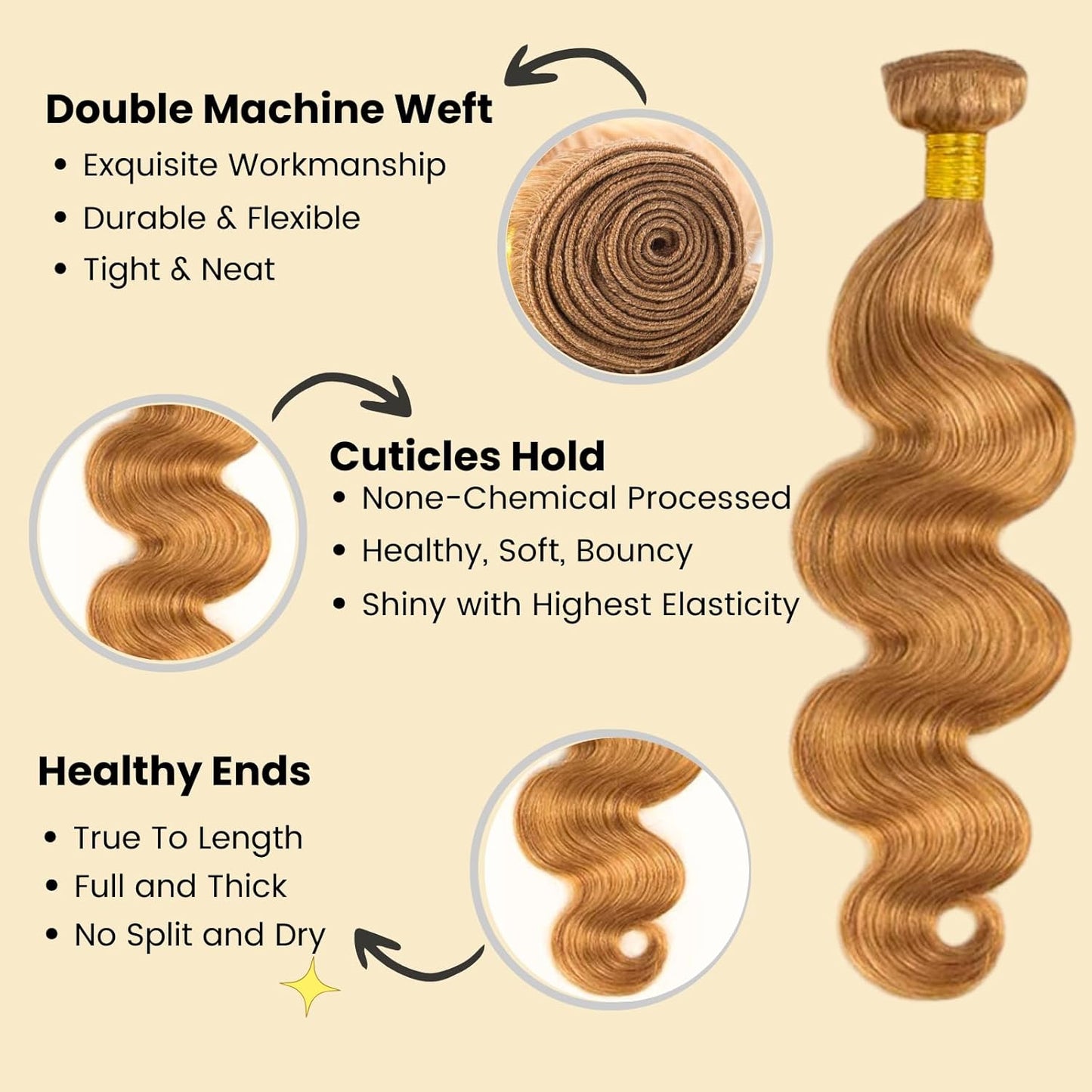 Color #27 Honey Blonde 1/3  Bundles Body Wave 100% Virgin Human Hair