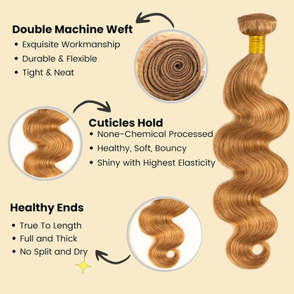 Color #27 Honey Blonde 1/3  Bundles Body Wave 100% Virgin Human Hair