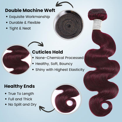 3pc Dark Burgundy Body Wave/Water Wave/Burmese Curly/Kinky Curly 1/3 Bundles Human hair