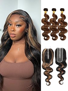 F1B/30 Brown Highlight Body Wave 3 Bundles With 4x4/2x6/5x5 Closure Water Wave bundles With 4x4 HD Lace Closure