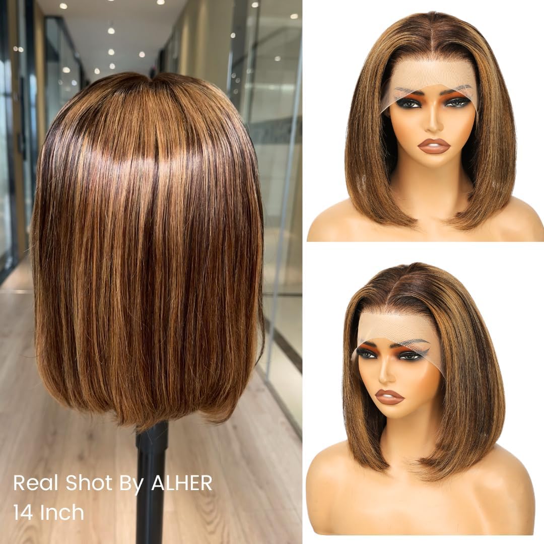 Short Bob Wig 4/27 Honey Blonde Highlight, 12A Straight Small Cap 13x4 Lace Frontal Wigs Human Hair Pre Plucked With Baby Hair