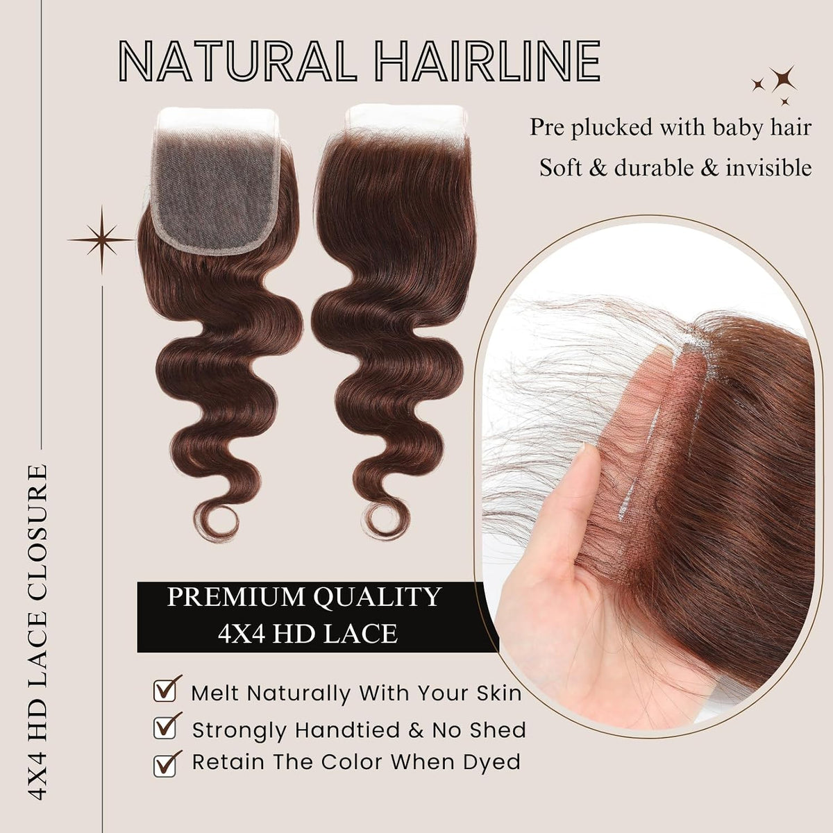 Chocolate Brown Body Wave Human Hair 3 Bundles with 13x4 Frontal,2x6, 4x4 Closure 12A Color #4 Dark Brown Bundles with Lace Frontal / Closure