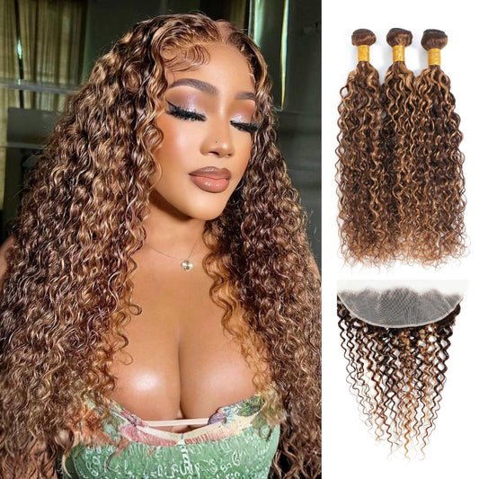 #4/27 Ombre Brown Human Hair Bundles with 13x4 Ear to Ear Transparent Lace Frontal Include Body Wave Deep Wave Water Wave Kinky Curly