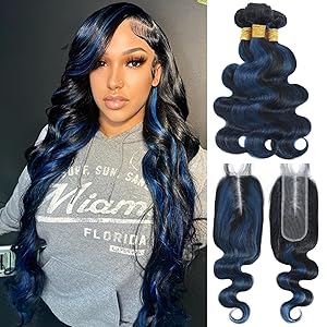 #1B/Blue Highlight Body Wave 3 Bundles with 4x4/2x6 /5x5 HD Lace Closure