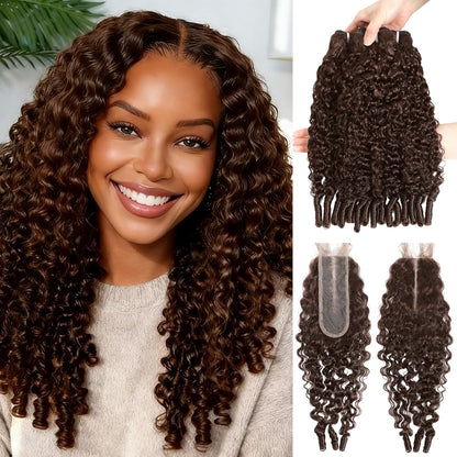 Chocolate Brown Color #4 Body Wave 3 Bundles with 4x4 HD Lace Closure Human Hair Burmese Curly Bundles With 2x6 Closure