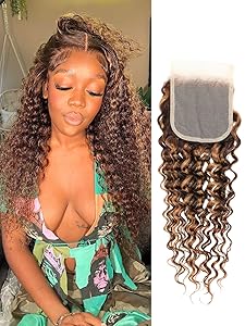 Body Wave Honey Blonde Highlight Brown Ombre 4/27 Colored 4x4 Closure Deep/Water Wave Human Hair