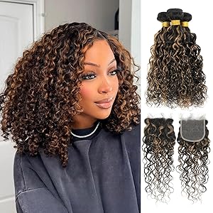 F1B/27 Highlight Water Wave Curly 3 Bundles with 2x6/4x4/5x5 Free Part Lace Closure Body Wave Human Hair