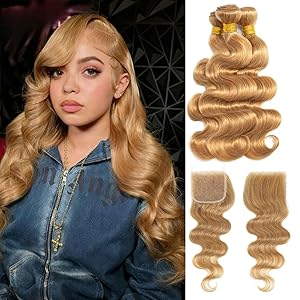 #27 Honey Blonde Body Wave 3 Bundles with Free Part 4x4/2x6/5x5 HD Lace Closure