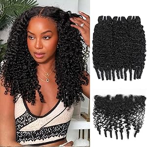 12A Thick Bouncy 3 Bundles with Spanish Spiral Curly Ends and HD 13x4 Ear to Ear Lace Frontal Natural Black