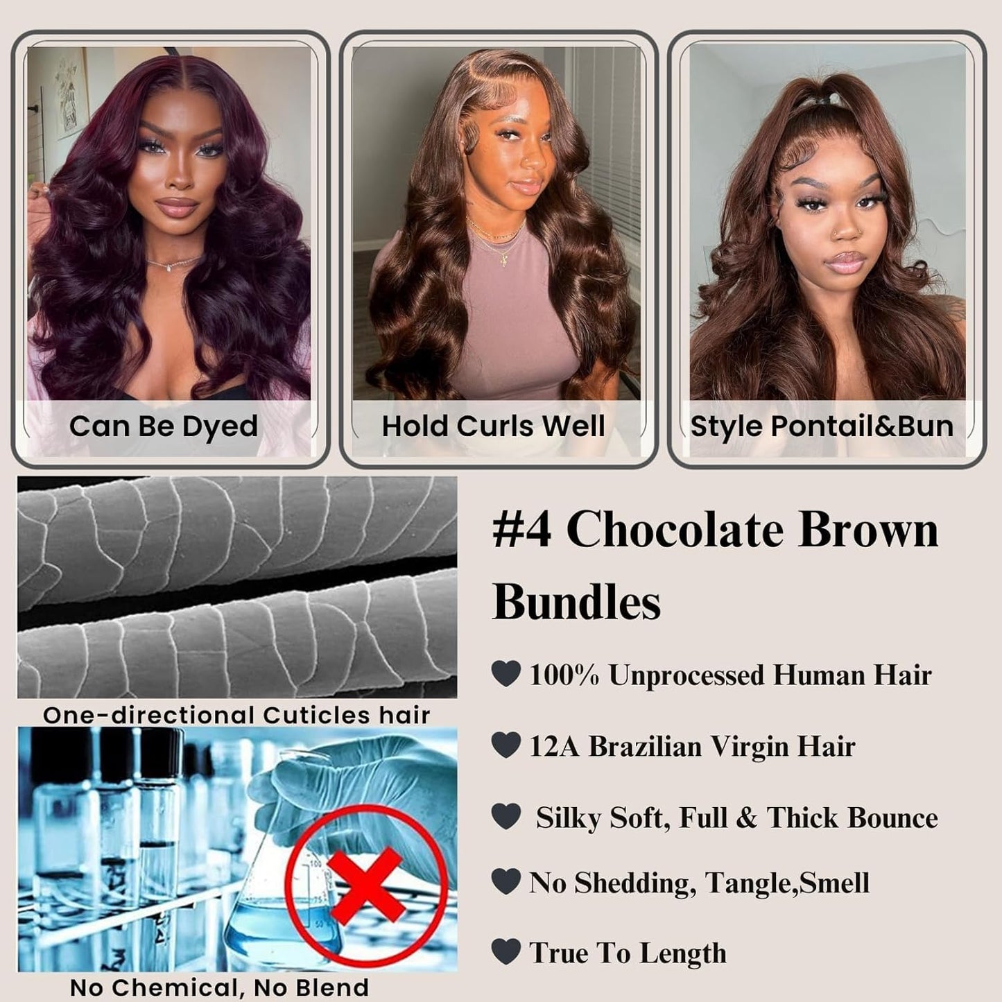 #4 Chocolate Brown Color 1/3 Bundles Body Wave 100% Virgin Human Hair