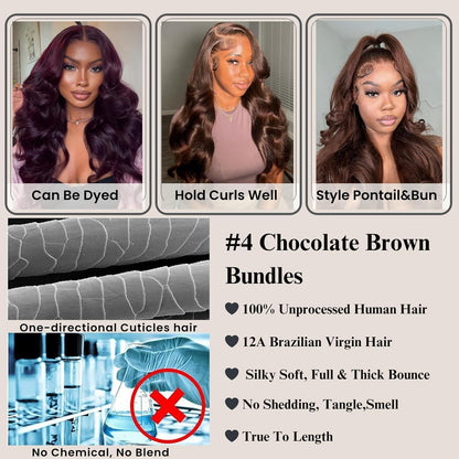 #4 Chocolate Brown Color 1/3 Bundles Body Wave 100% Virgin Human Hair