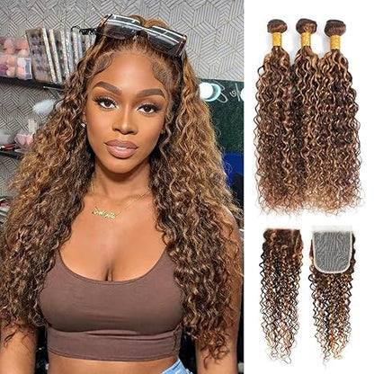 Body Wave 4/27 Honey Blonde Highlight 3 Bundles with 2x6/4x4/5x5 Lace Closure Include Water Wave Kinky Curly Deep Wave