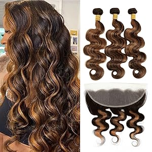 #1b/30 Brown Highlight Body Wave 3 Bundles with 13x4 HD Lace Frontal Water Wave Bundle With Frontal
