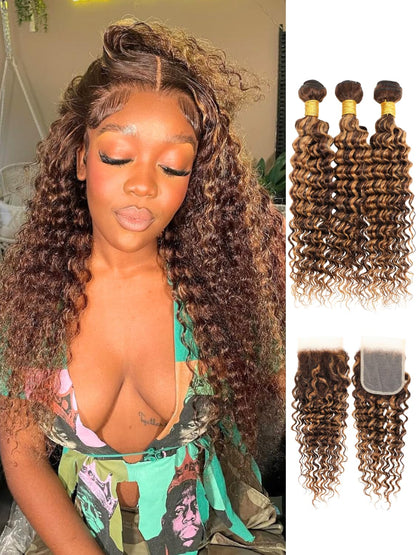 Body Wave 4/27 Honey Blonde Highlight 3 Bundles with 2x6/4x4/5x5 Lace Closure Include Water Wave Kinky Curly Deep Wave