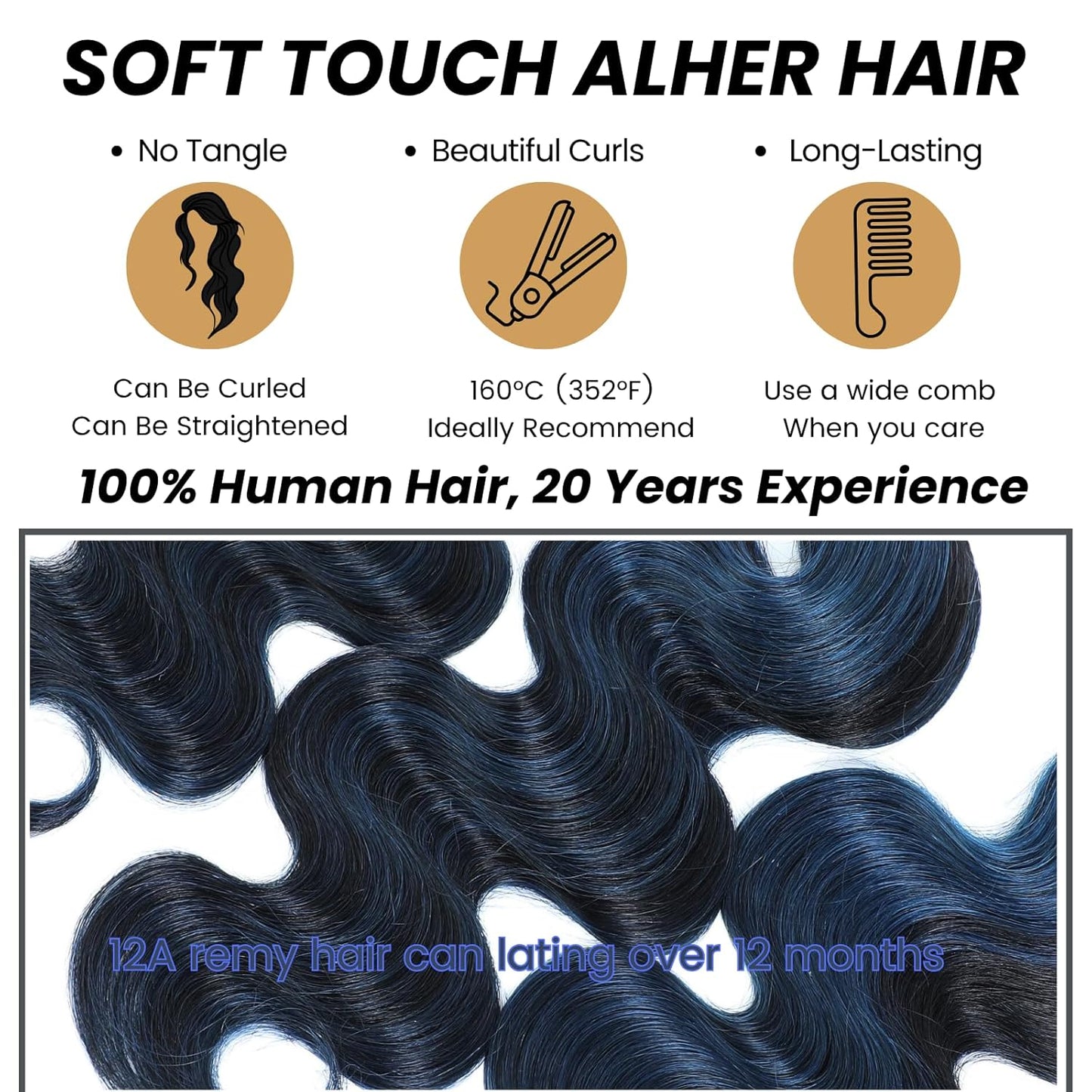 Black Mix Blue Highlight 1/3 Bundles Body Wave Human Hair