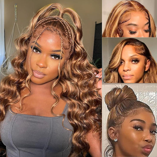 #4/27 Highlight Honey Blonde Body Wave 360  Lace Front Wigs Deep Wave 360 Wigs With Bleached Knots