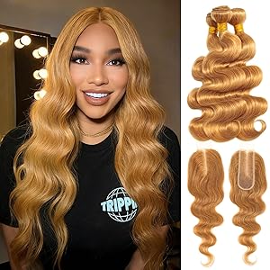 #27 Honey Blonde Body Wave 3 Bundles with Free Part 4x4/2x6/5x5 HD Lace Closure