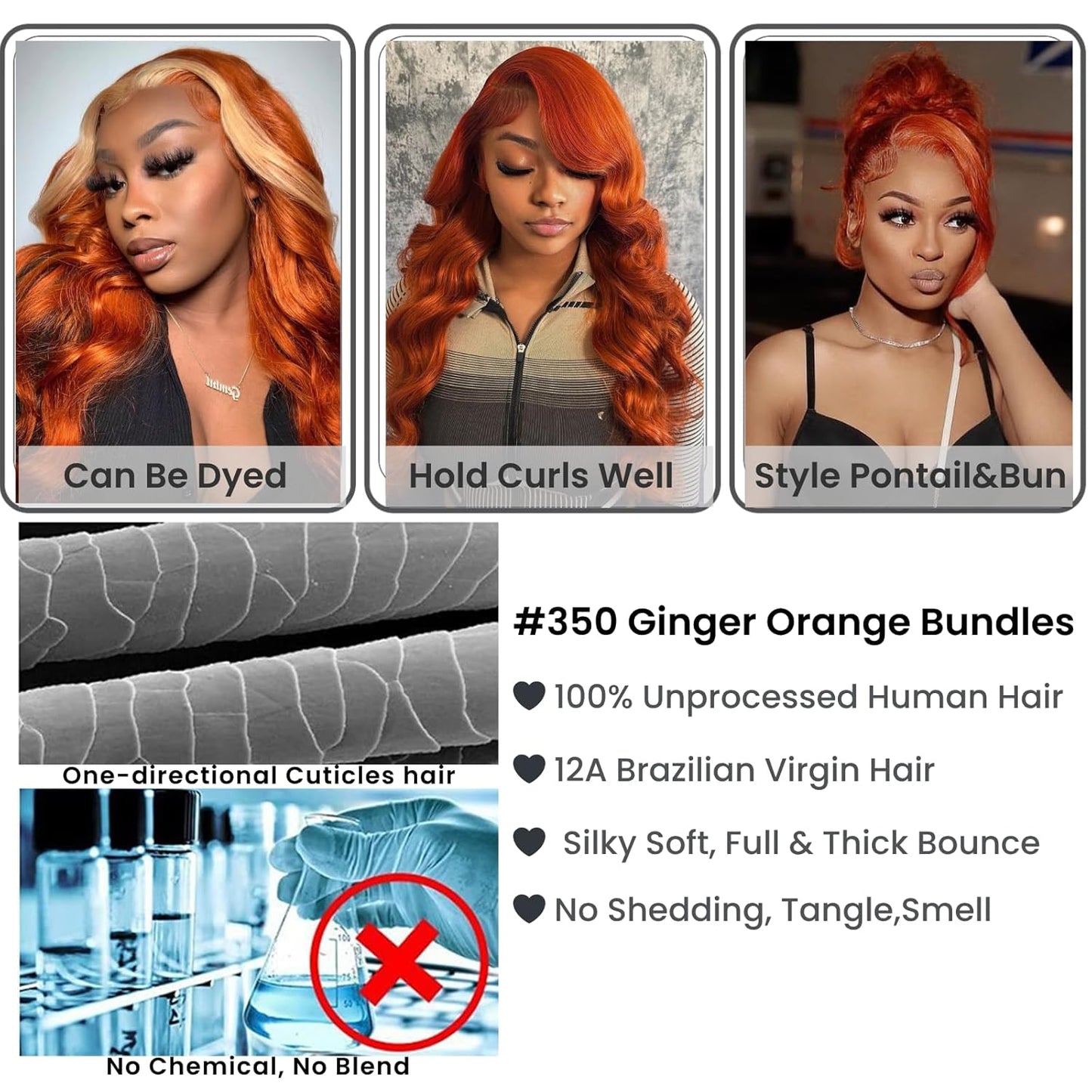 #350 Ginger Orange Body Wave 1/3 Bundles Body Wave 100% Virgin Human Hair