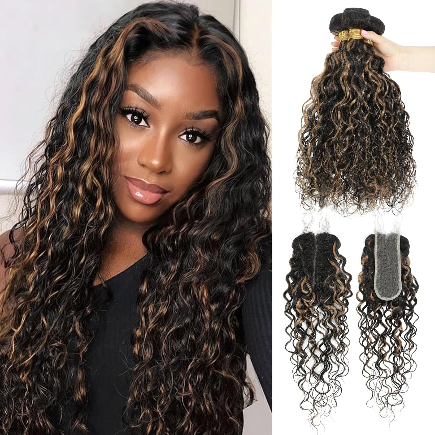 F1B/27 Highlight Water Wave Curly 3 Bundles with 2x6/4x4/5x5 Free Part Lace Closure Body Wave Human Hair