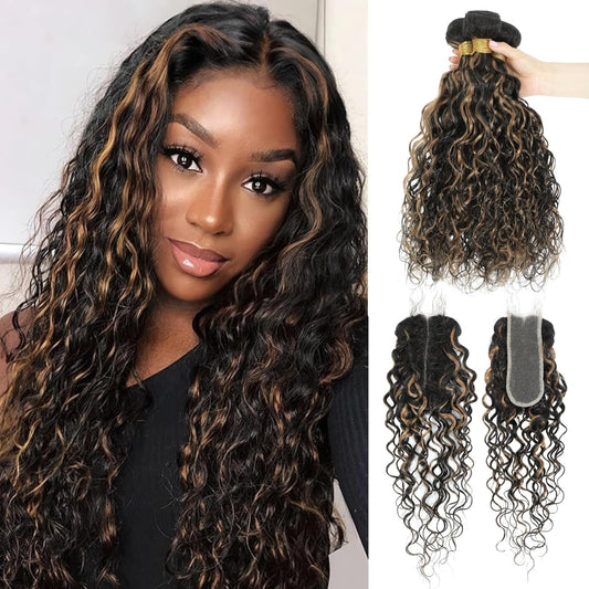 F1B/27 Highlight Water Wave Curly 3 Bundles with 2x6/4x4/5x5 Free Part Lace Closure Body Wave Human Hair