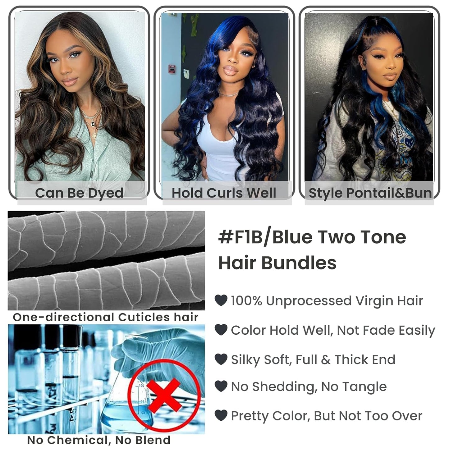Black Mix Blue Highlight 1/3 Bundles Body Wave Human Hair