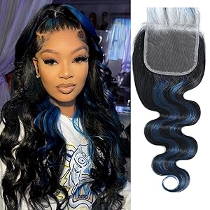 #1B/Blue Black Mix Blue Highlight Body Wave 4x4 HD Lace Lace Closure