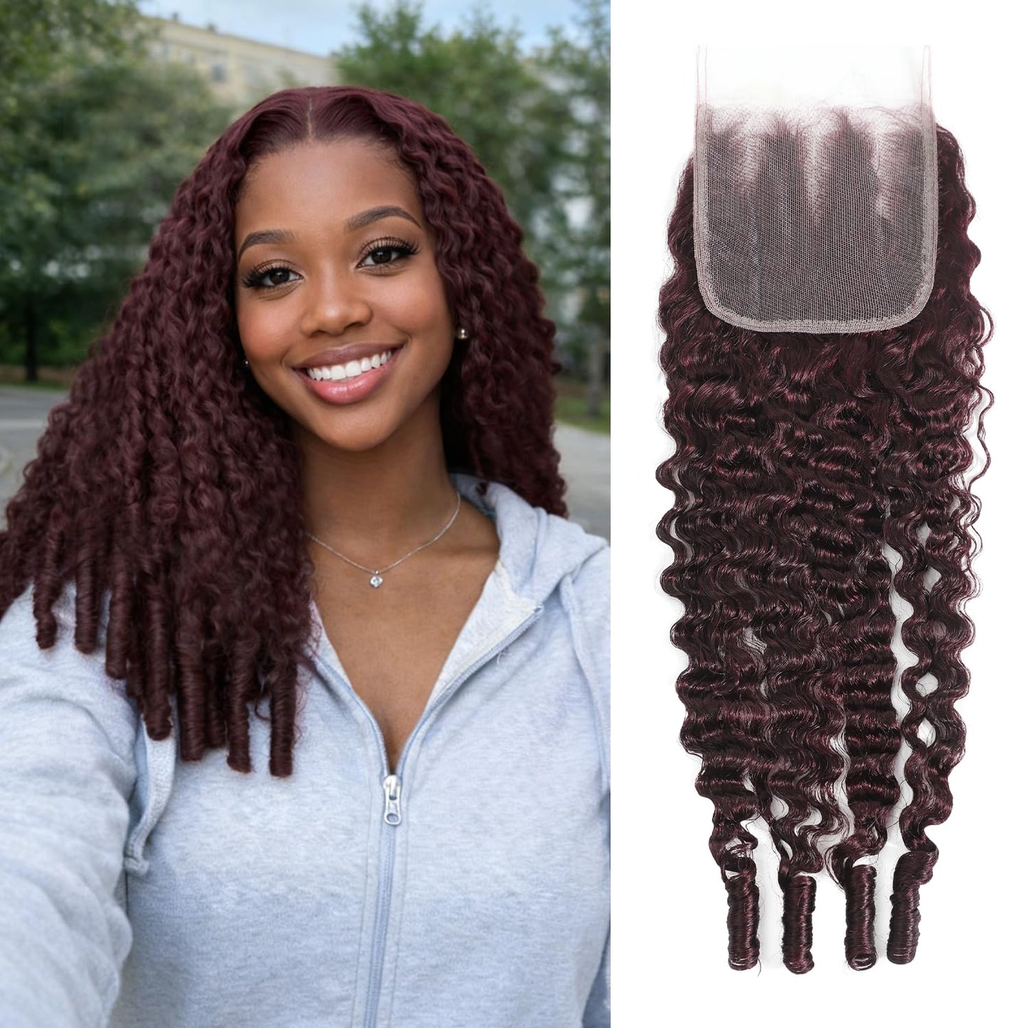 #99J Dark Burgundy Body Wave 4x4 Closure Water Wave Human Hair Burmese Curly Bundle