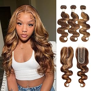 Body Wave 4/27 Honey Blonde Highlight 3 Bundles with 2x6/4x4/5x5 Lace Closure Include Water Wave Kinky Curly Deep Wave