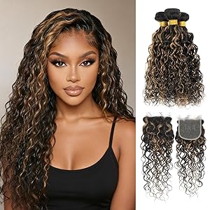 F1B/27 Highlight Water Wave Curly 3 Bundles with 2x6/4x4/5x5 Free Part Lace Closure Body Wave Human Hair