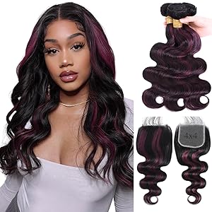 #1B/Purple Highlight Body Wave 3 Bundles with 4x4/2x6/5x5 Free Part Closure
