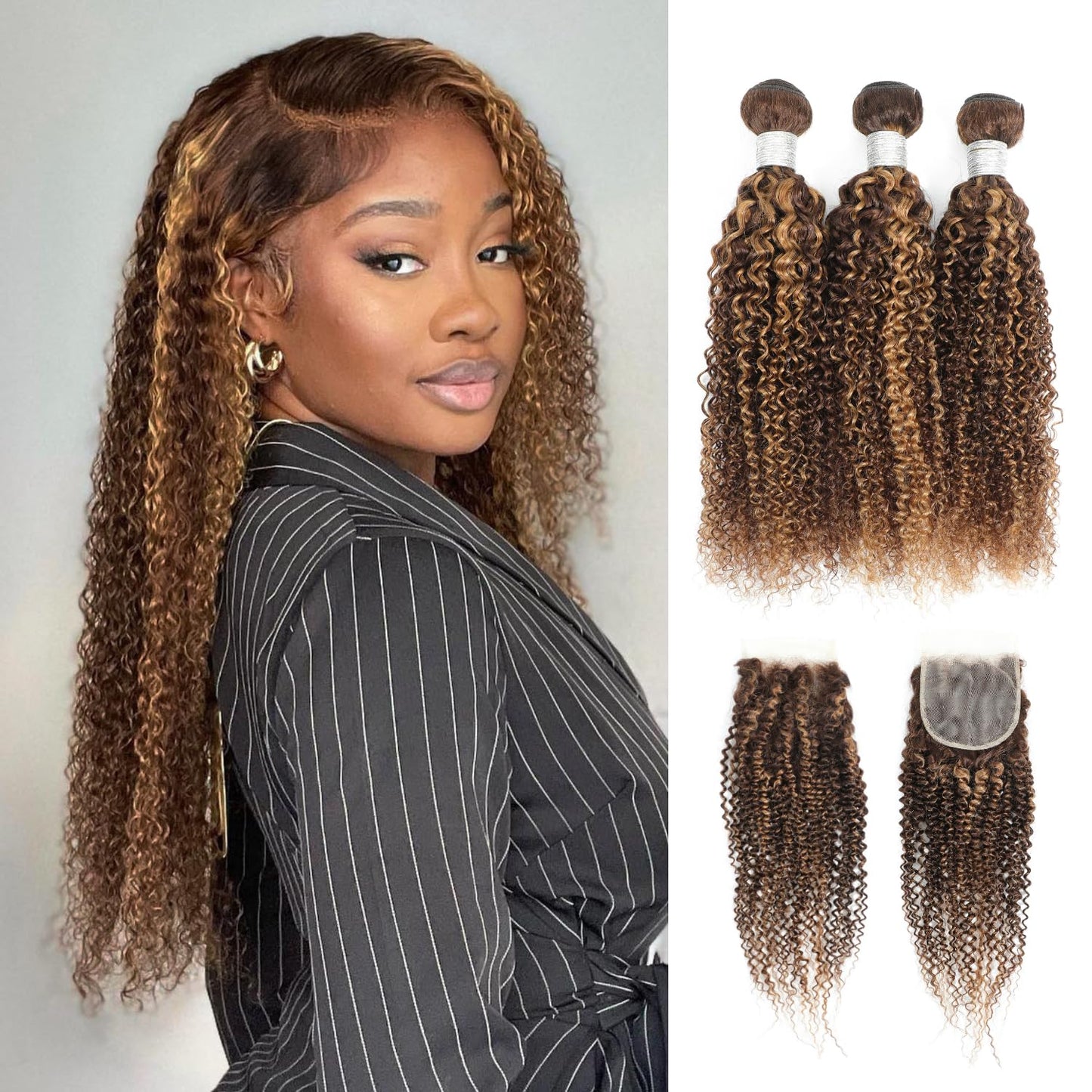 Body Wave 4/27 Honey Blonde Highlight 3 Bundles with 2x6/4x4/5x5 Lace Closure Include Water Wave Kinky Curly Deep Wave