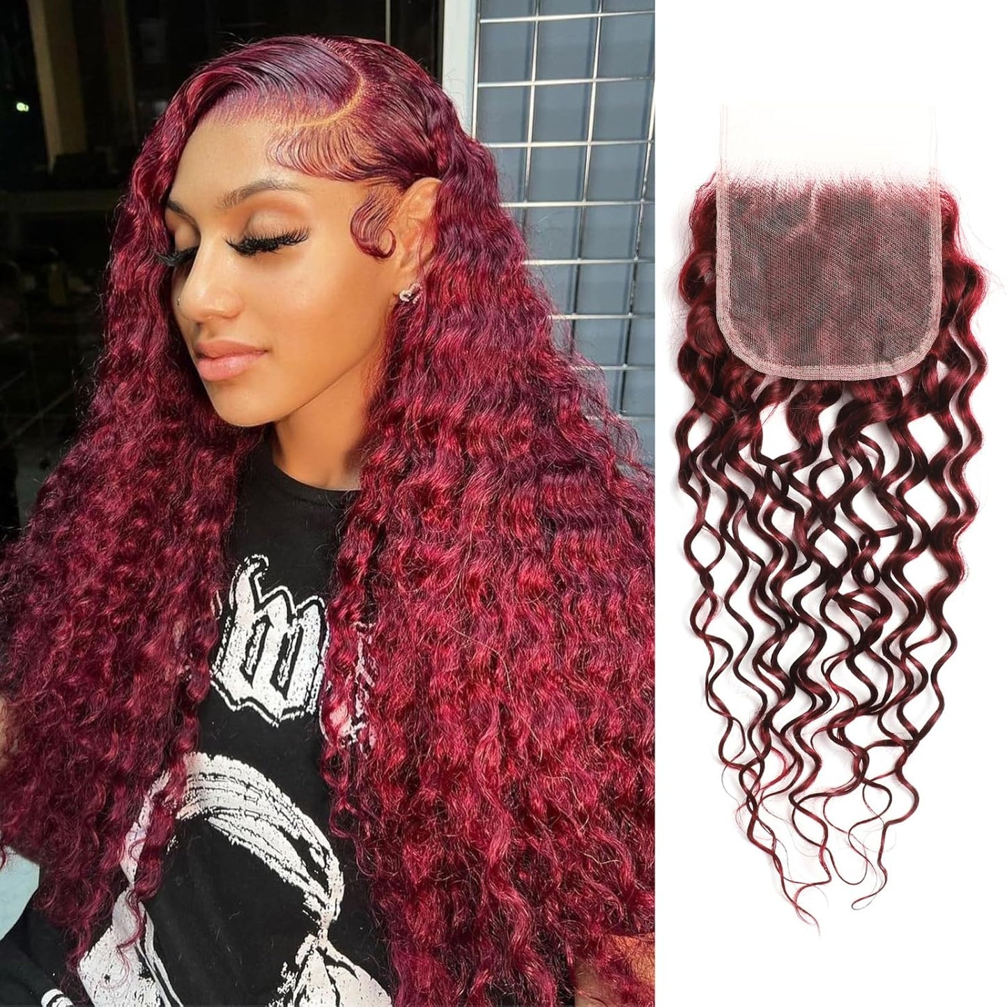 #99J Dark Burgundy Body Wave 4x4 Closure Water Wave Human Hair Burmese Curly Bundle
