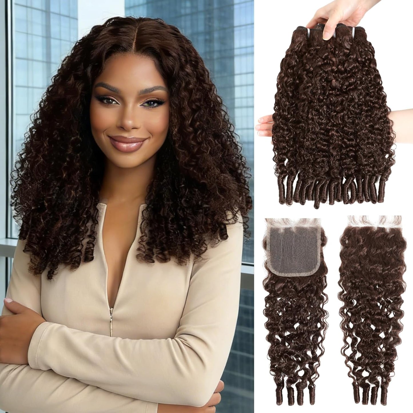 Chocolate Brown Color #4 Body Wave 3 Bundles with 4x4 HD Lace Closure Human Hair Burmese Curly Bundles With 2x6 Closure