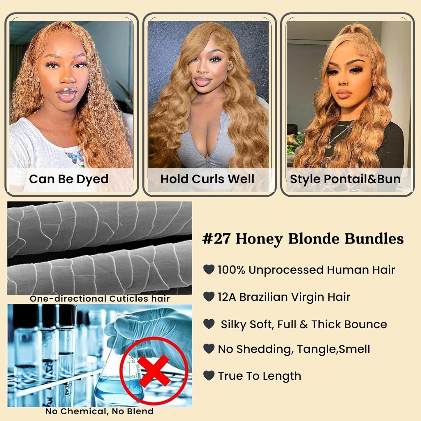 Color #27 Honey Blonde 1/3  Bundles Body Wave 100% Virgin Human Hair