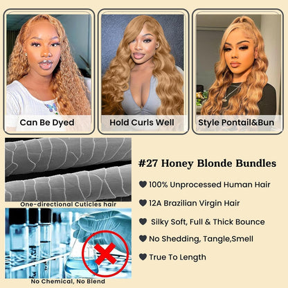 Color #27 Honey Blonde 1/3  Bundles Body Wave 100% Virgin Human Hair