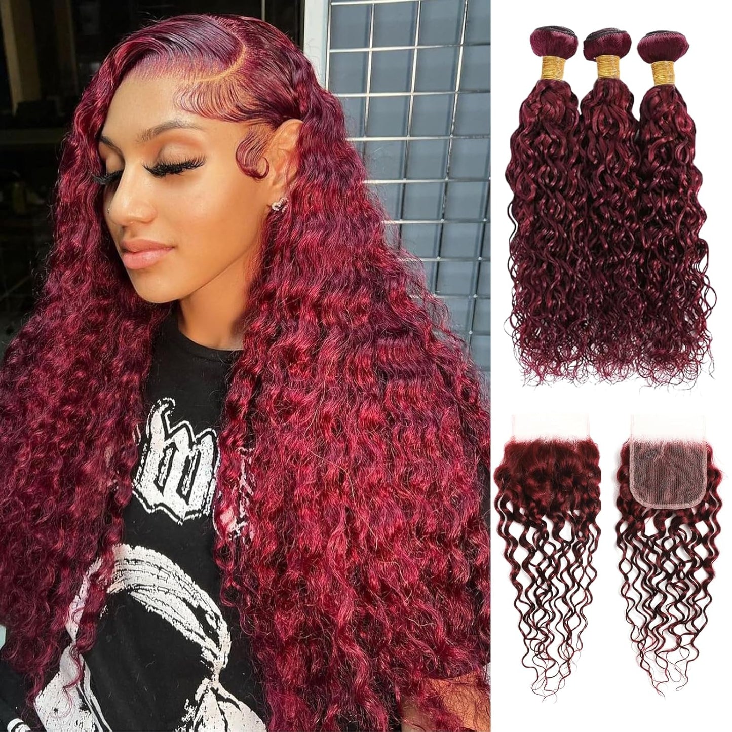#99j Dark Burgundy Water Wave 3 Bundles with 4x4/2x6/5x5 HD Lace Closure Body Wave Human Hair