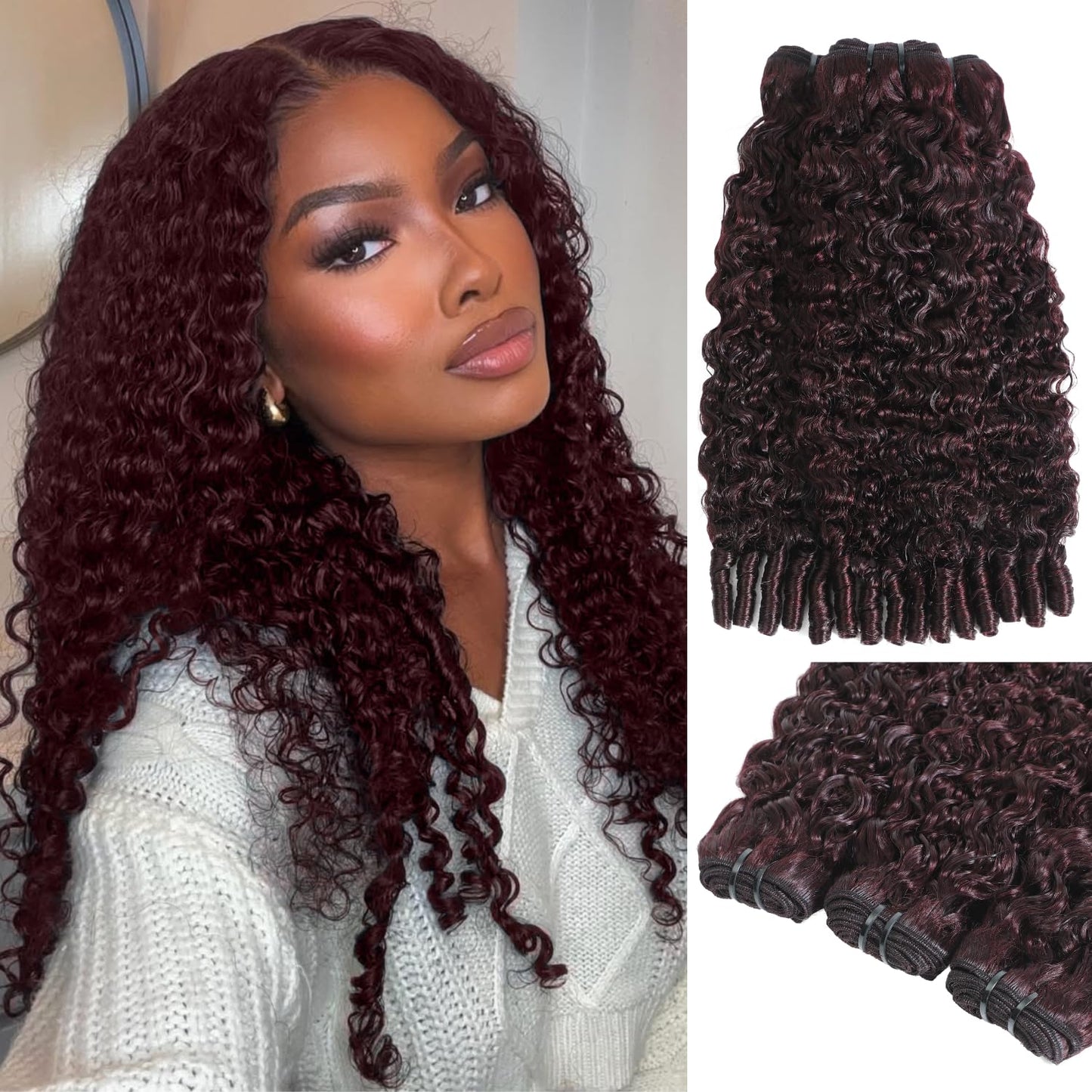 Dark Burgundy Body/Water Wave 1/3 Bundles Human hair Burmese/Kinky Curly Colored #99j Bundle