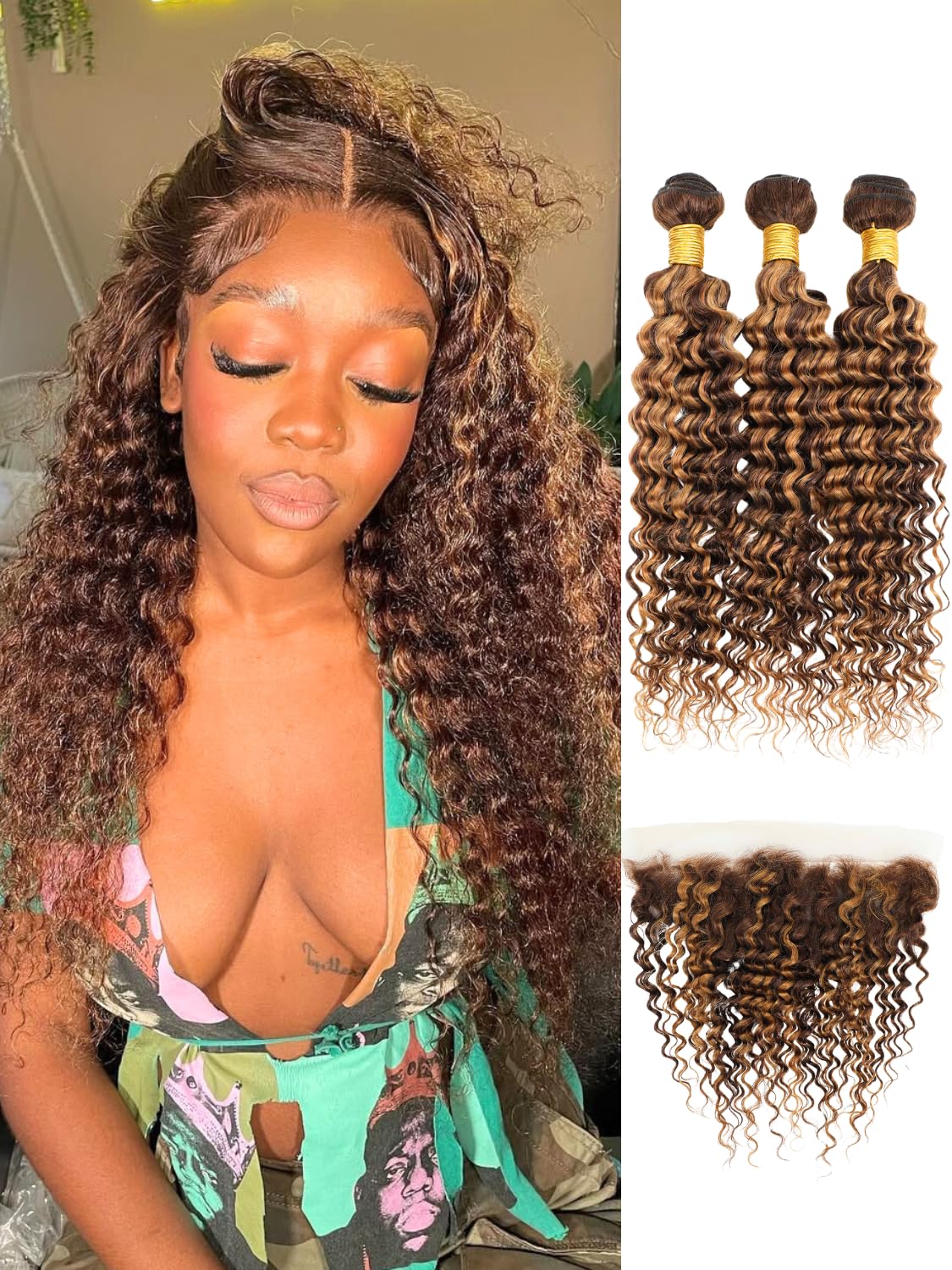 #4/27 Ombre Brown Human Hair Bundles with 13x4 Ear to Ear Transparent Lace Frontal Include Body Wave Deep Wave Water Wave Kinky Curly