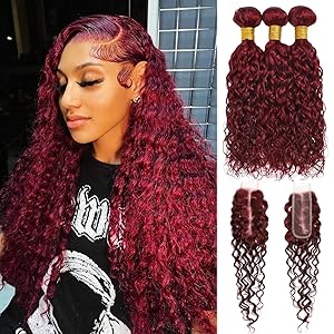 #99j Dark Burgundy Water Wave 3 Bundles with 4x4/2x6/5x5 HD Lace Closure Body Wave Human Hair
