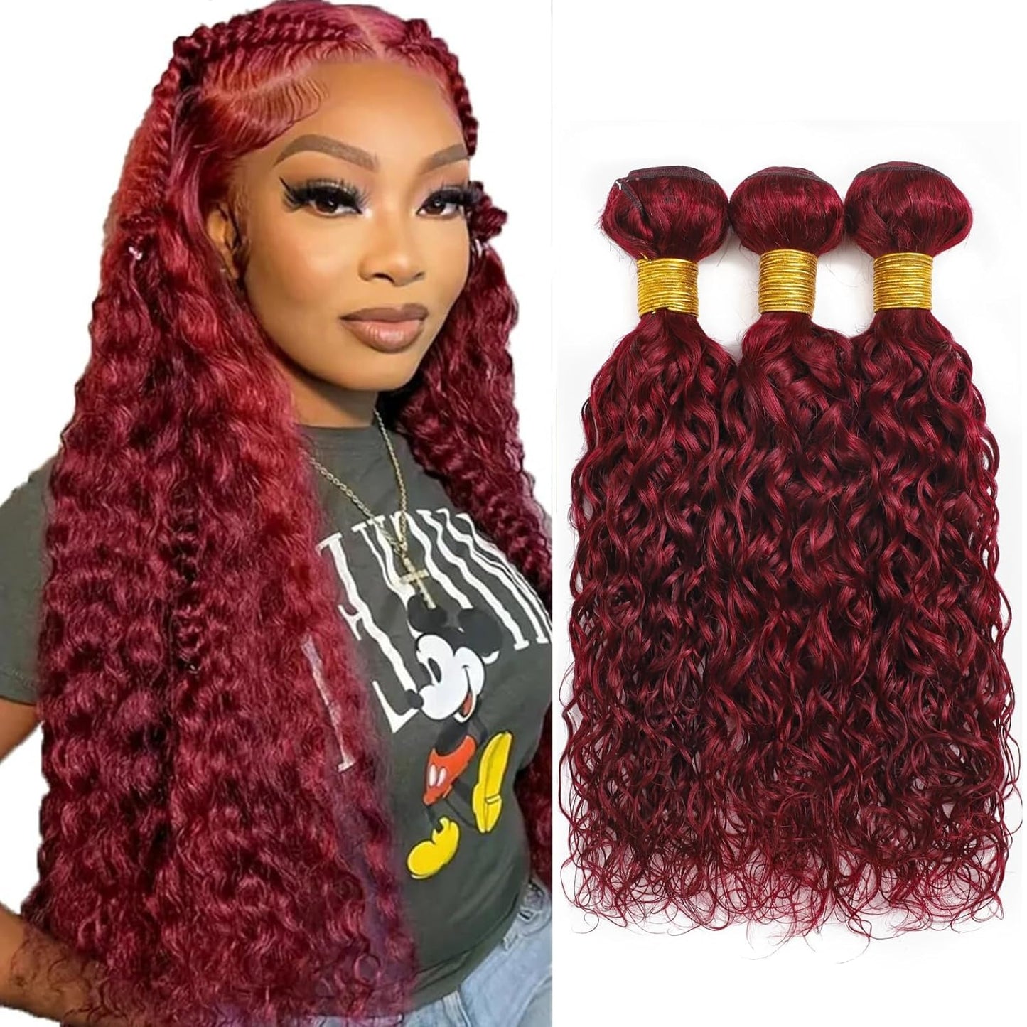 Dark Burgundy Body/Water Wave 1/3 Bundles Human hair Burmese/Kinky Curly Colored #99j Bundle